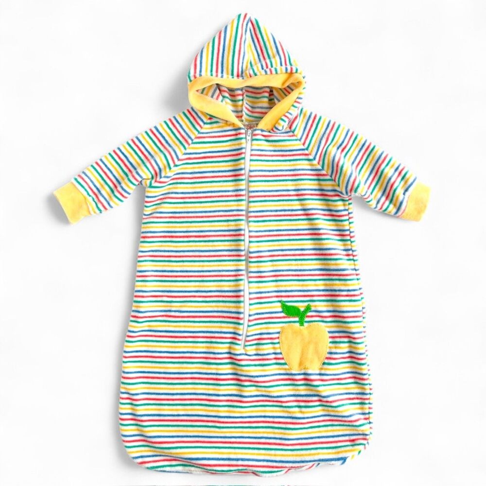 Vintage Baby Bunting Sack Hooded Velour Retro Rainbow Stripes 3-6M Jacket Hoodie